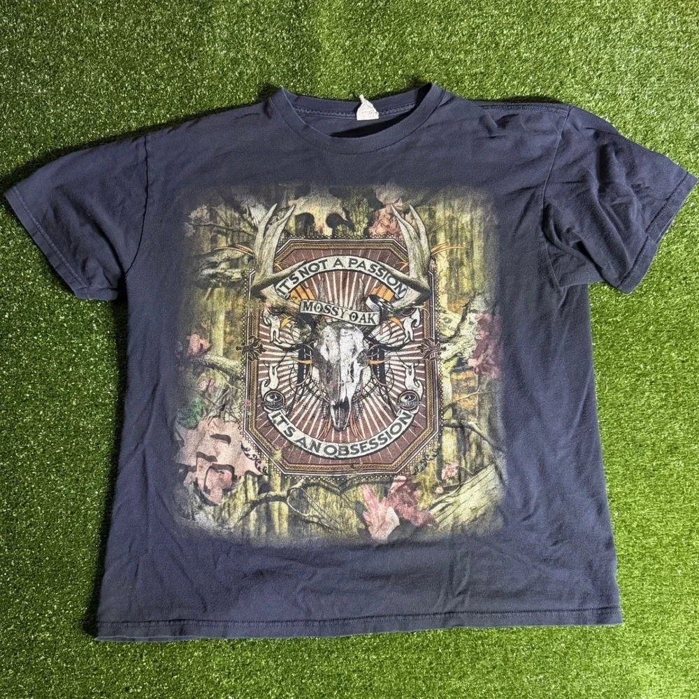 Mossy Oak Hunting T-Shirt Mens XL Black Deer Skull Graphic Camo Obsession Tee
